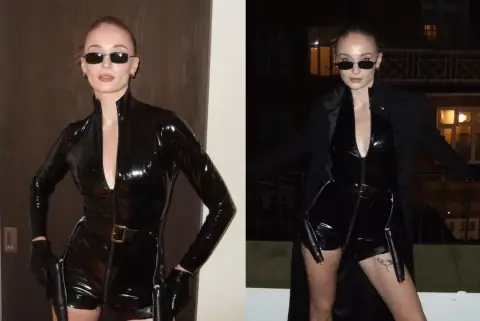 Sophie Turner’s Black Latex Romper Look is Halloween Perfection