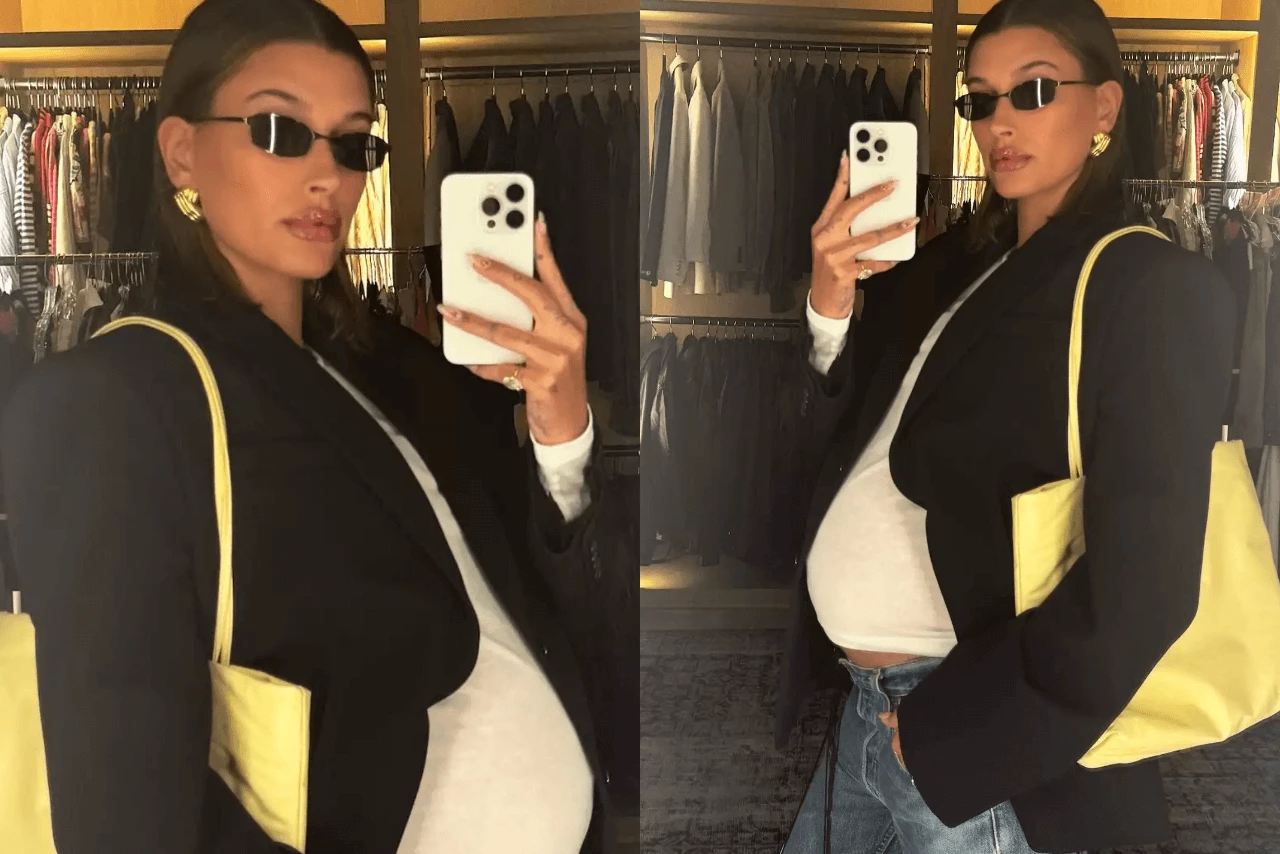 Hailey Bieber Flaunts Growing Baby Bump in White T-Shirt & Jeans
